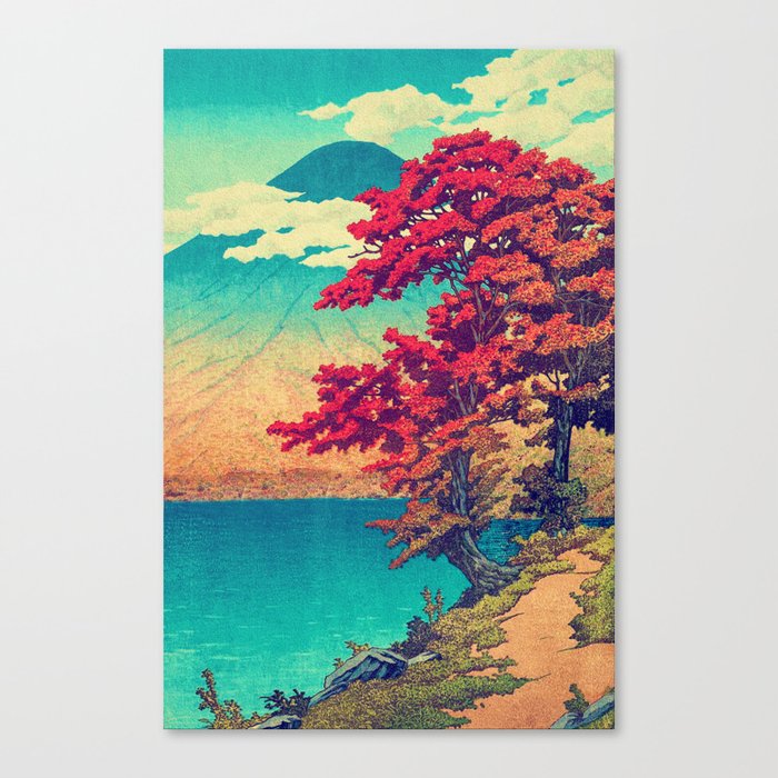 The New Year in Hisseii - Autumn Tree & Mountain by the Ocean Ukiyoe Nature Landscape in Red & Blue Canvas Print
