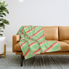 [ Thumbnail: Red, Tan & Light Green Colored Lines Pattern Throw Blanket ]