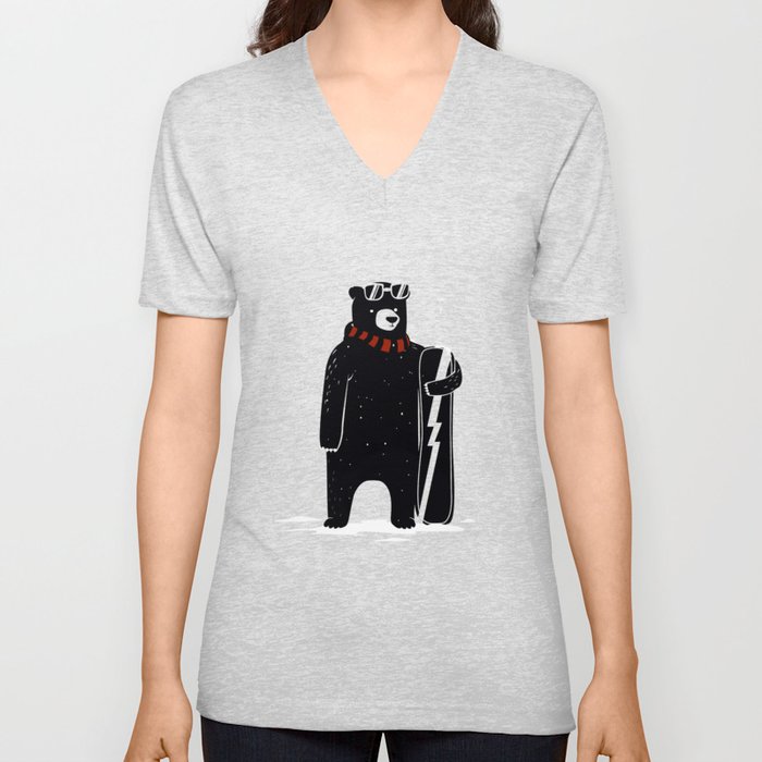 Bear on snowboard V Neck T Shirt