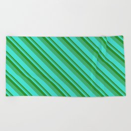 [ Thumbnail: Forest Green, Sea Green & Turquoise Colored Lined Pattern Beach Towel ]