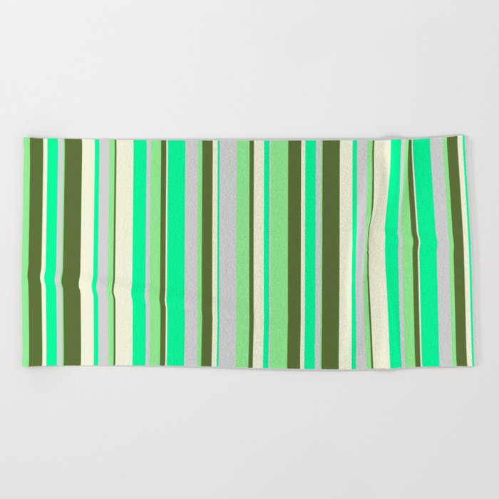 Vibrant Green, Light Grey, Light Green, Dark Olive Green, and Beige Colored Stripes/Lines Pattern Beach Towel