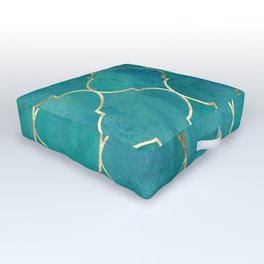 Turquoise Teal Golden Moroccan Quatrefoil Pattern II Outdoor Floor Cushion | Gradient, Tiles, Ottoman, Hippy, Painting, Arabesque, Patterned, Turquoise, Mermaid, Pattern 