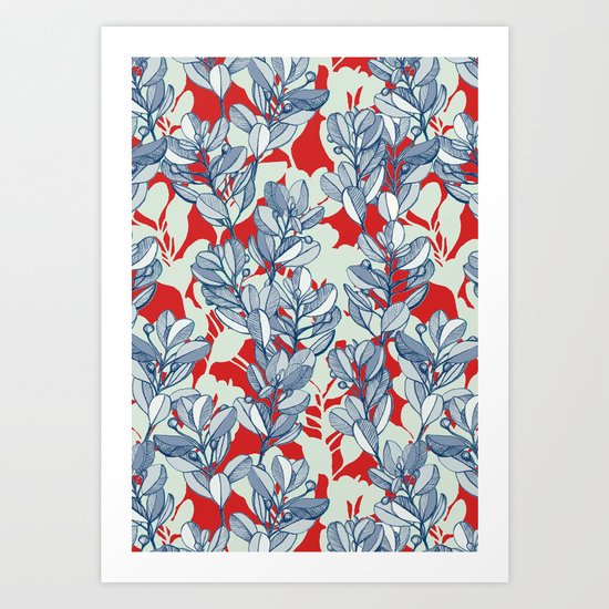 Leaf and Berry Sketch Pattern in Red and Blue Art Print