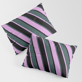 [ Thumbnail: Dark Slate Gray, Plum & Black Colored Stripes Pattern Pillow Sham ]