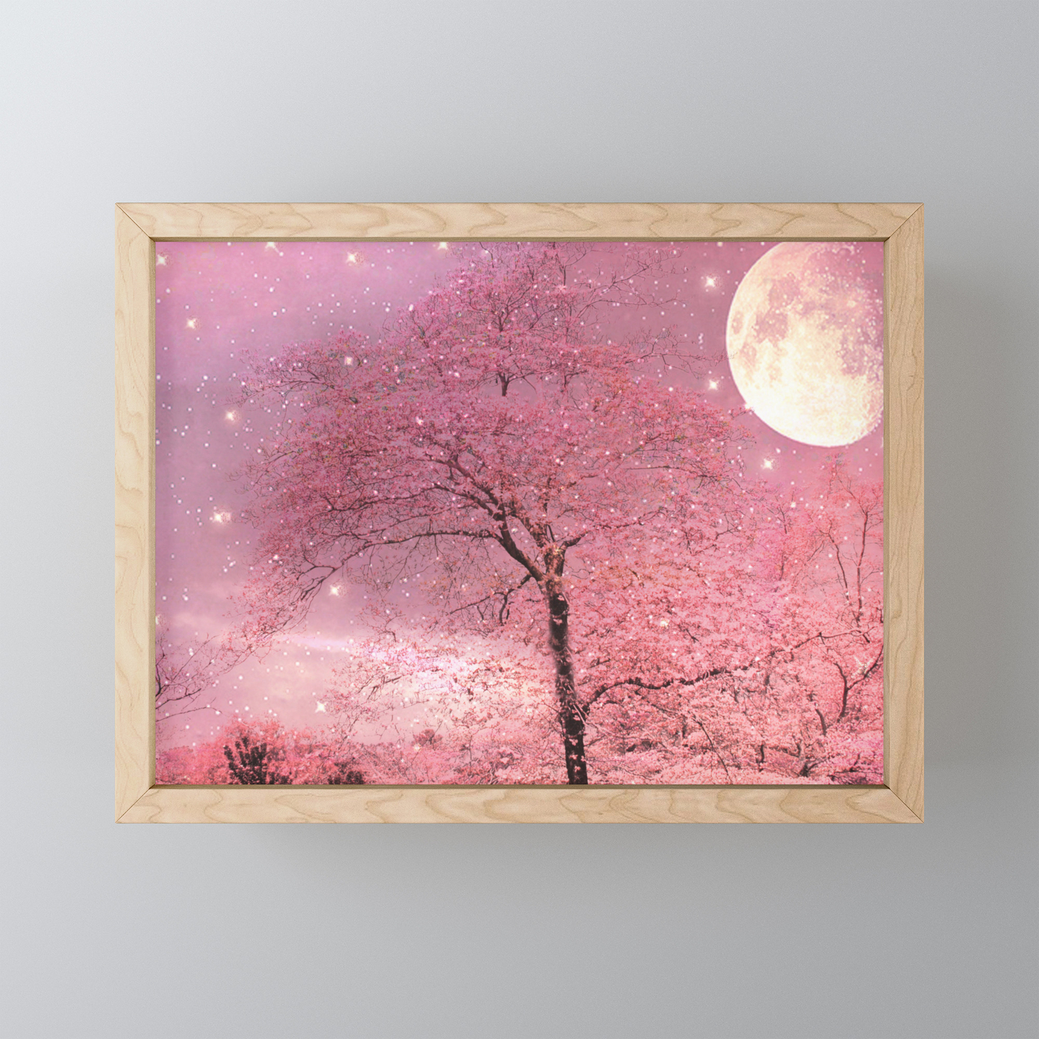 Surreal Fantasy Fairy Tale Pink Nature Trees Stars Full Moon