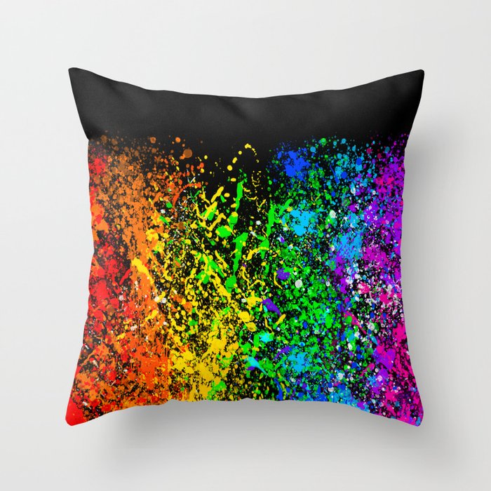 Black Rainbow Color Splatter Throw Pillow