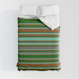 [ Thumbnail: Brown, Dark Green, Dim Grey & Aquamarine Colored Lined/Striped Pattern Duvet Cover ]