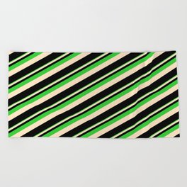 [ Thumbnail: Lime Green, Bisque & Black Colored Lines Pattern Beach Towel ]