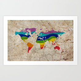 Rainbow color painted world map on dirty old grunge cement wall Art Print