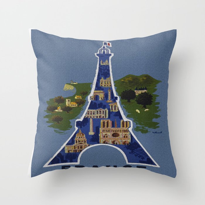Vintage France Eiffel Tower Travel Poster Throw Pillow