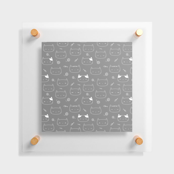 Grey and White Doodle Kitten Faces Pattern Floating Acrylic Print