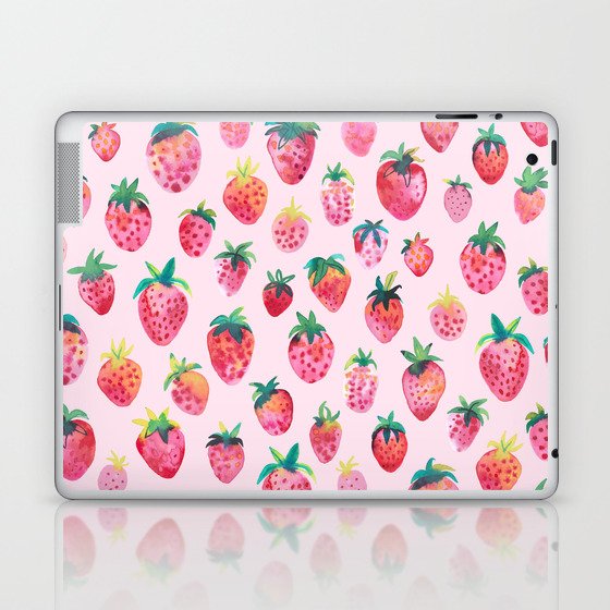 Strawberries Watercolor fruits pattern Cotton candy Pink Laptop & iPad Skin