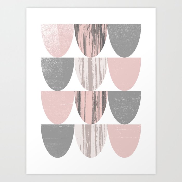 Pink and Grey Geometric Abstract Scallop Pattern Art Print
