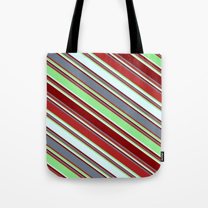 Eyecatching Light Green, Light Cyan, Maroon, Slate Gray, and Red Colored Lines Pattern Tote Bag