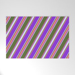 [ Thumbnail: Dark Olive Green, Light Coral, Purple & Lavender Colored Stripes/Lines Pattern Welcome Mat ]