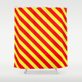 [ Thumbnail: Yellow, Bisque, Red & Gray Colored Striped/Lined Pattern Shower Curtain ]
