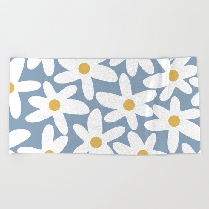 Daisy Time Retro Floral Pattern in Light Blue, White, and Mustard Beach Towel