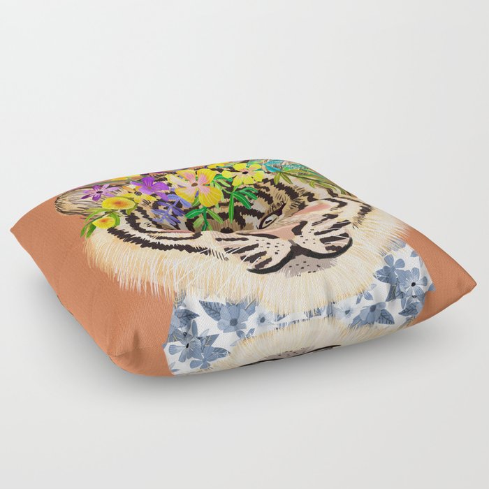 Tiger with Floral Crown Art Print, Funny Decoration Gift, Cute Room Decor Floor Pillow