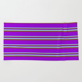 [ Thumbnail: Light Sky Blue, Brown, and Dark Violet Colored Pattern of Stripes Beach Towel ]