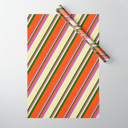 [ Thumbnail: Orchid, Pale Goldenrod, Dark Green, and Red Colored Striped/Lined Pattern Wrapping Paper ]
