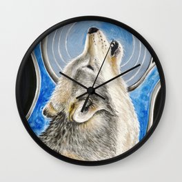 Howling Wolf Alpha Moon Ink Art Drawing Wall Clock
