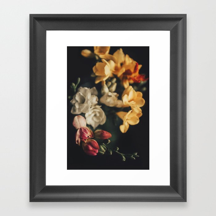 Flower Photography - Mixed Floral Bouquet - Pink Yellow Flowers - Elegant Dark Dramatic Floral print Framed Art Print
