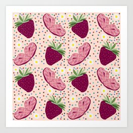 Strawberry Halves on Pink Art Print