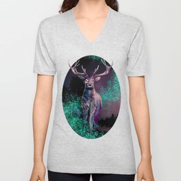 Buck in the Night, Deer with Colorful Antlers in the Night, Dark Nature Art Illustration V Neck T Shirt
