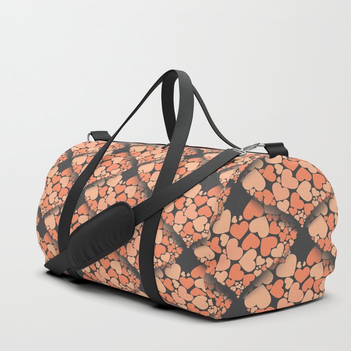 When Hearts Meet Together Pattern - Peach Hearts (On Grey) Duffle Bag