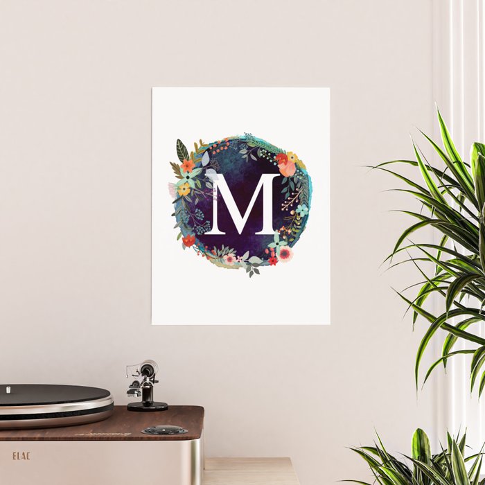 Personalized Monogram Initial Letter M Floral Wreath Artwork Art Print