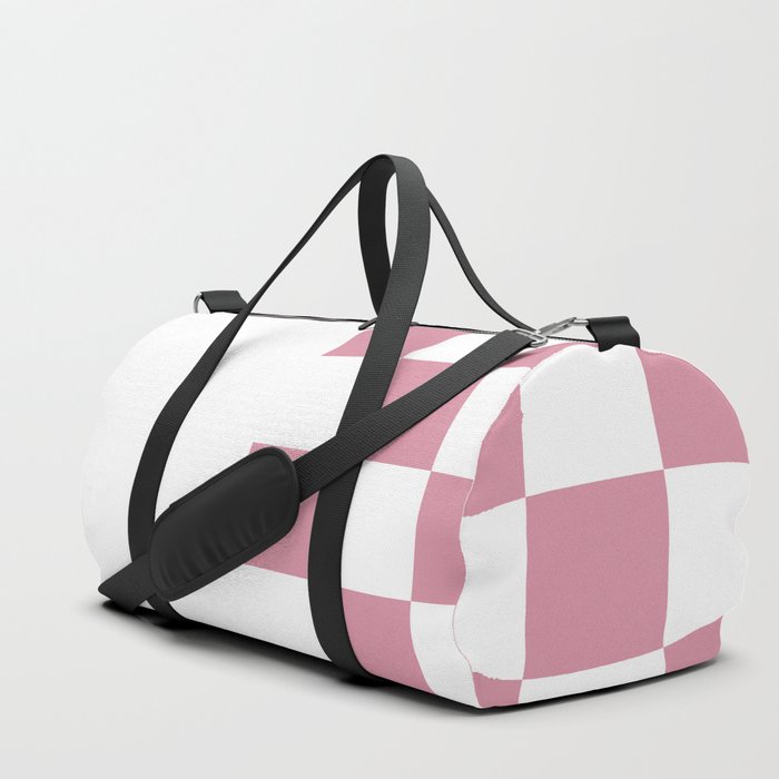 Blush Pink and White Chess With Solid White Vertical Split   Duffle Bag