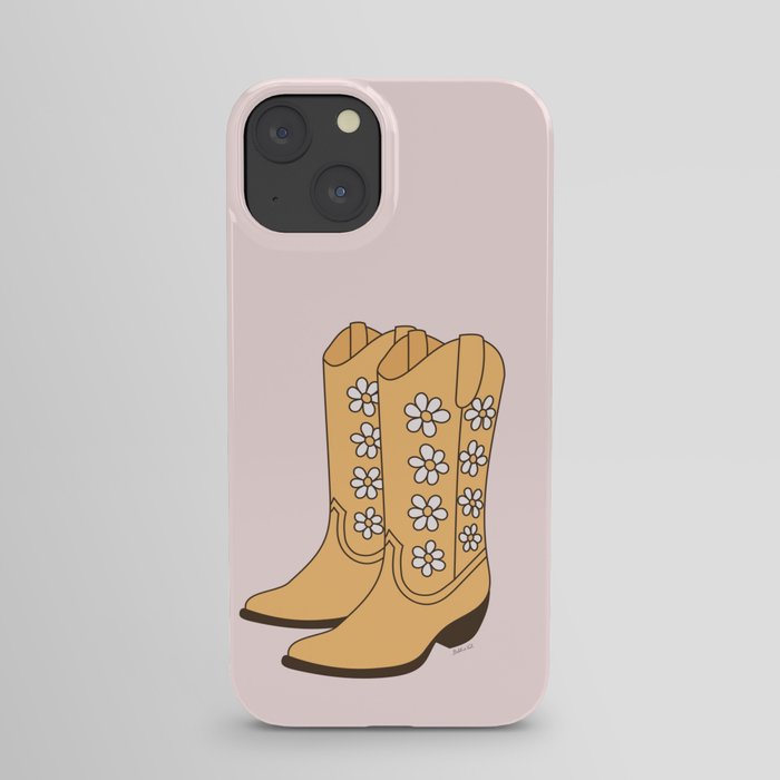 Western Vintage Floral Cowgirl Boots with Daisies in Blush and Yellow iPhone Case