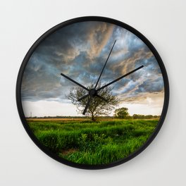 Stormy Day on the Plains - Tree Under Stormy Sky on Spring Day on the Plains of Kansas Wall Clock