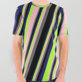 [ Thumbnail: Eye-catching Midnight Blue, Light Green, Pink, Dim Grey, and Black Colored Striped Pattern All Over Graphic Tee ]