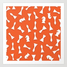 Chess White Pieces Art Print On Orange Background Pattern Art Print