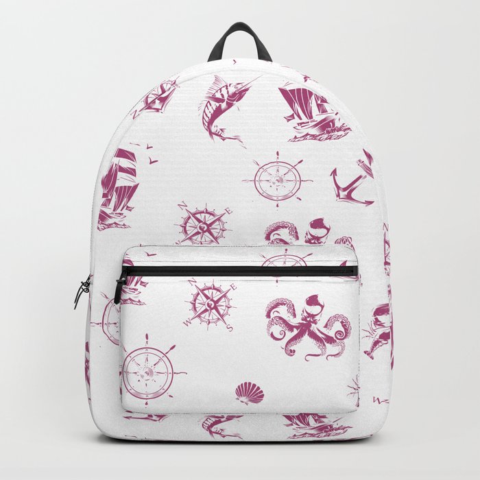 Magenta Silhouettes Of Vintage Nautical Pattern Backpack