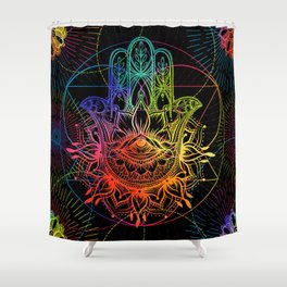 Seamless pattern with ornate hand drawn hamsa. Popular Arabic and Jewish amulet. illustration. illustration in neon, fluorescent colors.  Shower Curtain