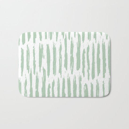 Vertical Dash Stripes Pastel Cactus Green on White Bath Mat