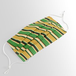 [ Thumbnail: Goldenrod, Tan, Forest Green, and Black Colored Striped/Lined Pattern Face Mask ]