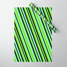 [ Thumbnail: Aquamarine, Green & Black Colored Lines/Stripes Pattern Wrapping Paper ]