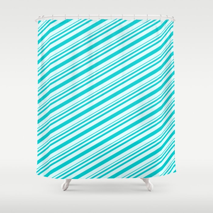 Dark Turquoise & Light Cyan Colored Pattern of Stripes Shower Curtain
