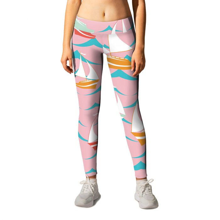 Sailboats & Waves Nautical Pattern on Cotton Candy Pink Leggings