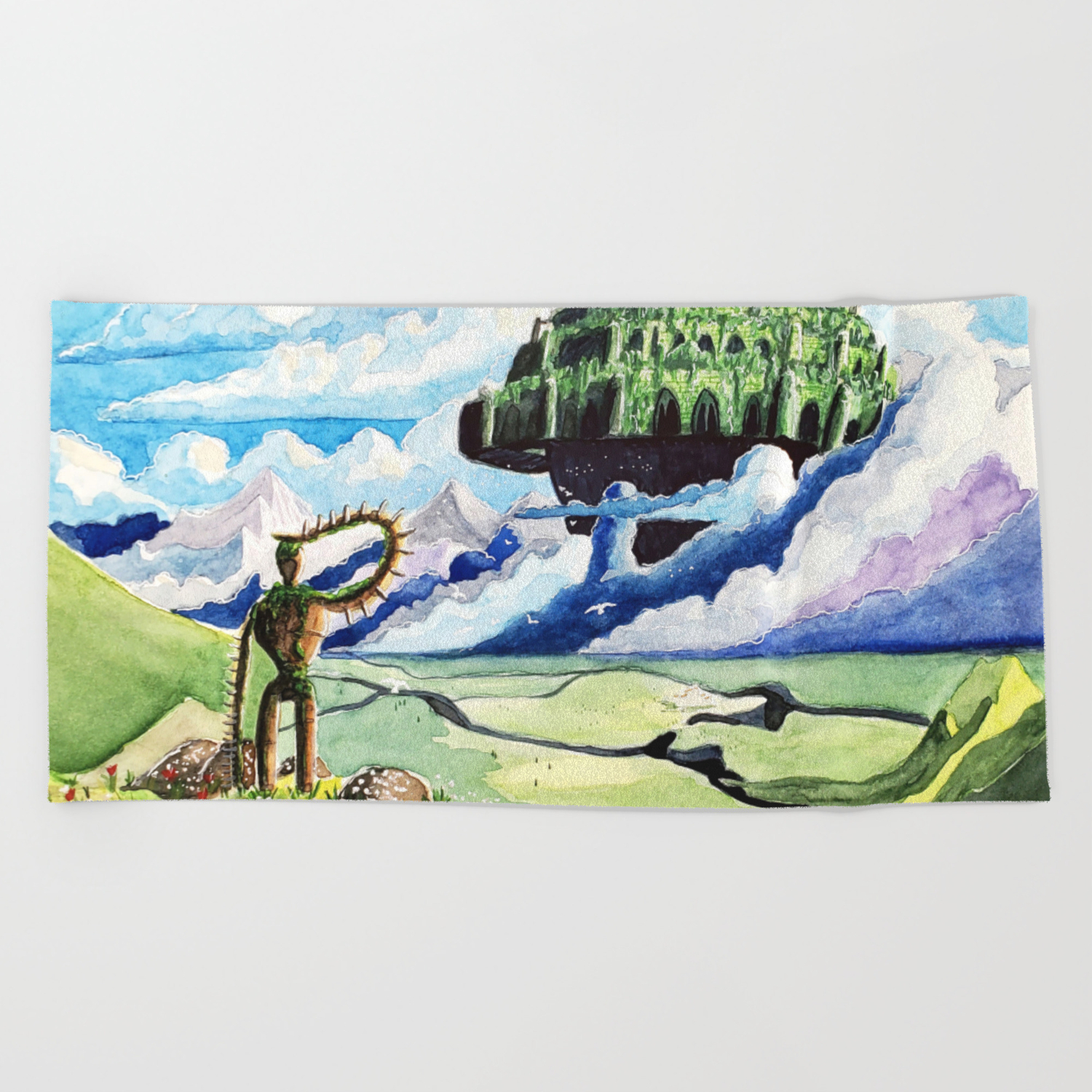 Laputa, Relaxing Dreamy Cloud, Blue Sky, Green Scenery Painting, Japanese  animation Beach Towel by Virginia Palette | Society6