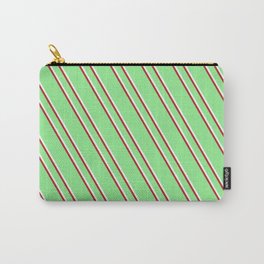 [ Thumbnail: Light Green, Mint Cream & Red Colored Striped Pattern Carry-All Pouch ]