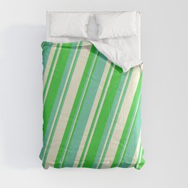 [ Thumbnail: Lime Green, Aquamarine & Beige Colored Stripes/Lines Pattern Comforter ]