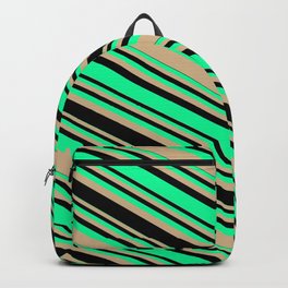 [ Thumbnail: Green, Tan, and Black Colored Striped/Lined Pattern Backpack ]