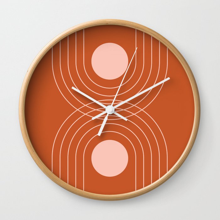 Geometric Lines in Terracotta Rose Gold 13 (Rainbow and Sun Abstraction) Wall Clock