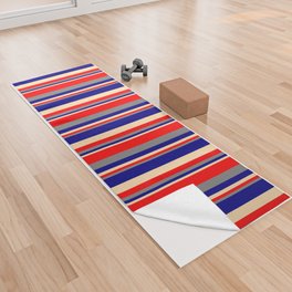 [ Thumbnail: Tan, Blue, Gray & Red Colored Lines/Stripes Pattern Yoga Towel ]