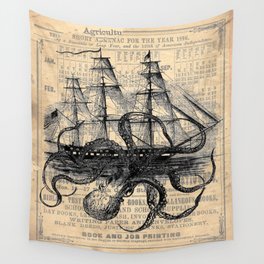 Octopus Kraken attacking Ship Antique Almanac Paper Wall Tapestry | Ship, Vintage, Industrial, Beach, Ocean, Krakenart, Animal, Nautical, Octopusart, Sea 