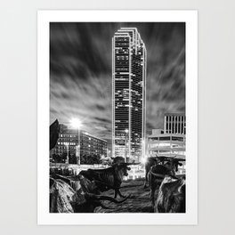 Longhorn Cattle Drive and the Dallas Skyline - Monochrome Edition Art Print | Downtowndallas, Longhornart, Blackandwhite, Dallasphotography, Texaslonghornprint, Dallaswallart, Dallascattledrive, Dallasartwork, Texaslonghorns, Pioneerplaza 